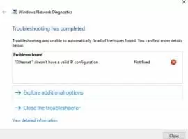 Ethernet doesn’t have a valid IP configuration