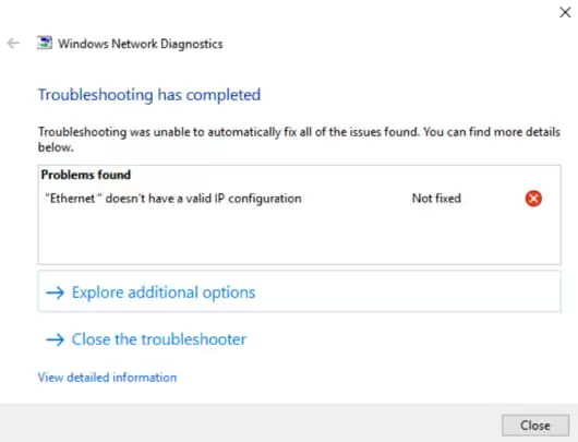 Ethernet doesn’t have a valid IP configuration