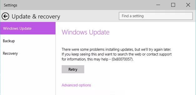 Windows update error 0x80070057