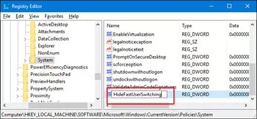 registry editor - HideFastUserSwitching