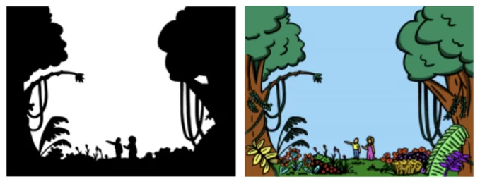 complexities between the black and white version versus the colored version